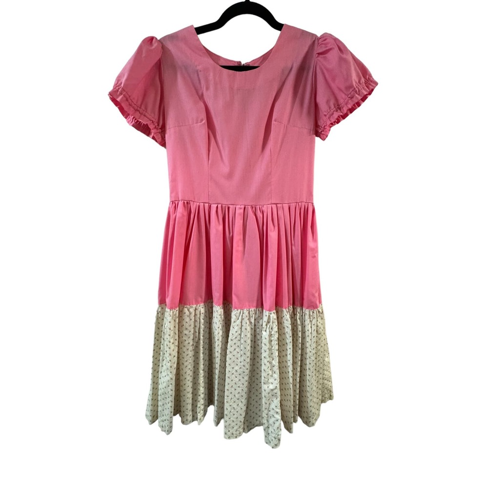 Large Womens Pink and Cream Floral Ruffle Cottage Midi Dress